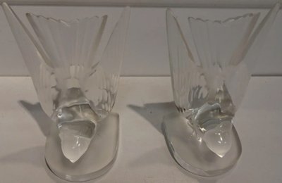 LALIQUE France.   Pair Of Swallow Bookends In Moulded and Satin Cristal Signed