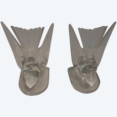 LALIQUE France.   Pair Of Swallow Bookends In Moulded and Satin Cristal Signed