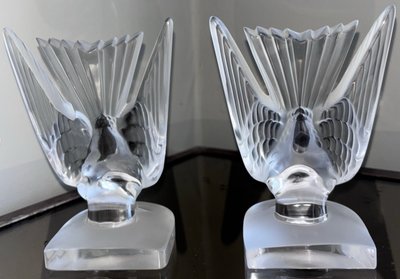 LALIQUE France.   Pair Of Swallow Bookends In Moulded and Satin Cristal Signed