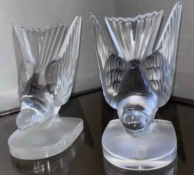 LALIQUE France.   Pair Of Swallow Bookends In Moulded and Satin Cristal Signed