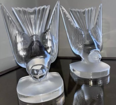 LALIQUE France.   Pair Of Swallow Bookends In Moulded and Satin Cristal Signed