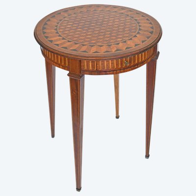 Louis XVI style pedestal table in cube marquetry, made by Les fils d'Alfred Wimphen