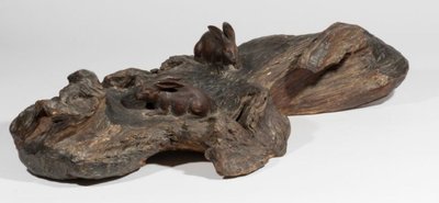 Okimono - Sculpture of rabbits walking in a landscape.