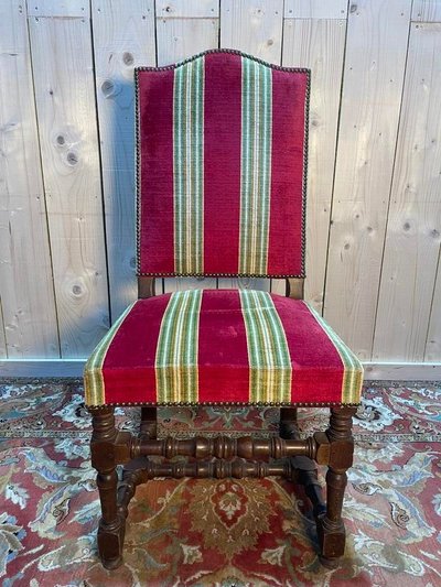 Suite of 6 louis XIII style chairs striped velvet