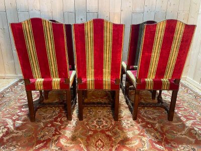 Suite of 6 louis XIII style chairs striped velvet