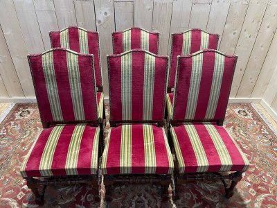 Suite of 6 louis XIII style chairs striped velvet