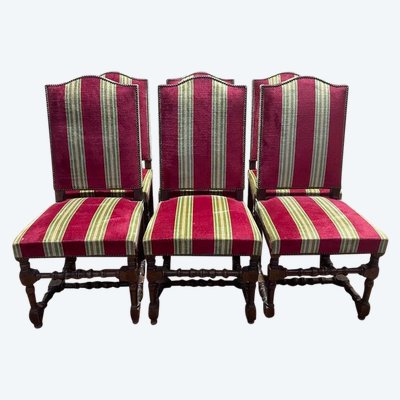 Suite of 6 louis XIII style chairs striped velvet