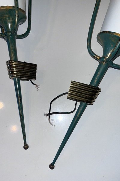 ARLUS & MATEGOT Pair of 50's Lantern Wall Lights Height 45cm