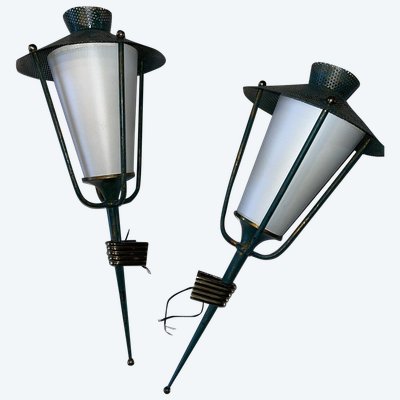 ARLUS & MATEGOT Pair of 50's Lantern Wall Lights Height 45cm