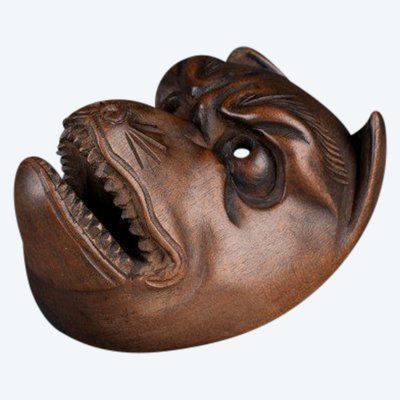 Netsuke, maschera Kyogen raffigurante una volpe, Kitsune, Giappone Edo, Meiji, arte asiatica