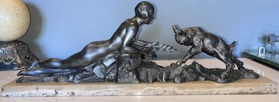 LIMOUSIN Jacques Importante regolatore d'argento Art Déco - La giovane donna e la capra Firmato