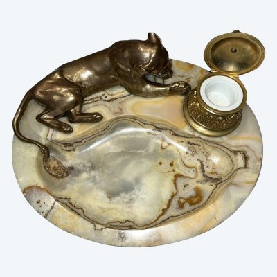 Georges GUYOT ( 1885-1973) "lionne à La Toilette" Schreibpult Bronze/Marmor Signiert