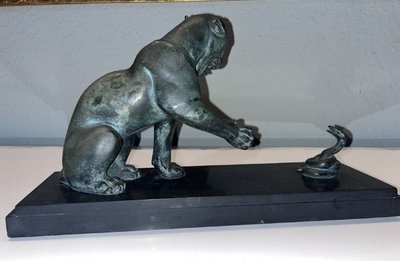 Irenée ROCHARD 1906-1984 Panthère Et Serpent Group En Régule Vert Art Déco Length 37 Signed