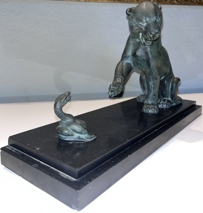 Irenée ROCHARD 1906-1984 Panthère Et Serpent Group En Régule Vert Art Déco Length 37 Signed