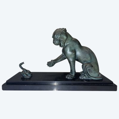 Irenée ROCHARD 1906-1984 Panthère Et Serpent Group En Régule Vert Art Déco Length 37 Signed