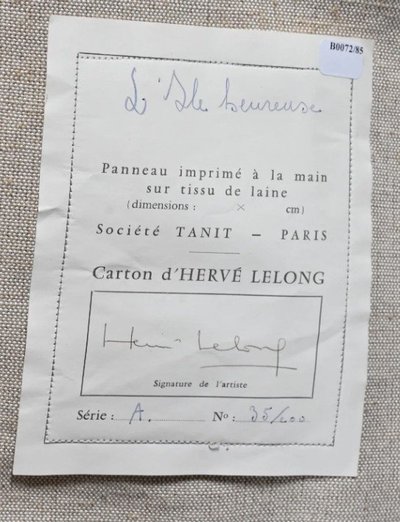 Hervé LELONG (1937) "l'île Heureuse", Hand-Printed Panel on Wool Fabric