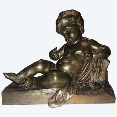 Grande Putto in bronzo con patina Medaglia anonima H. 21 cm