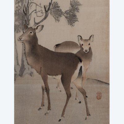 Estampe japonaise Koson Ohara (1877-1845) Couple De Daims Dans Un Paysage. Japon