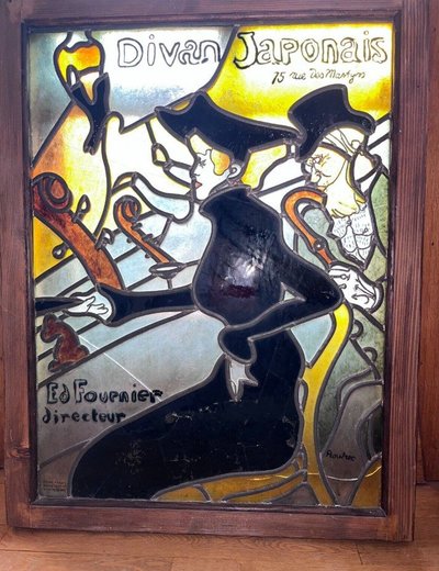 Tolosa LAUTREC Grande vetrata Art Nouveau Il divano giapponese H. 90 X L. 70 Cm