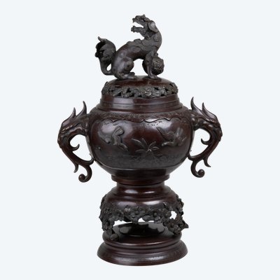 Bronze Incense Burner – Koro with Bird and Large Shishi Decor Japan