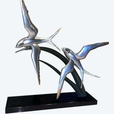 ROCHARD Irenée (1906-1984) Groupe En Régule Art Déco Sur Socle En Marbre  Signé