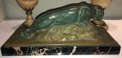 FAVEDE R. Large (52cm) Panther in Green Regula on Marble Base Signed