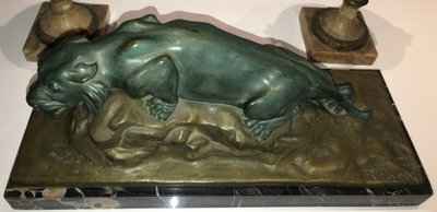 FAVEDE R. Large (52cm) Panther in Green Regula on Marble Base Signed
