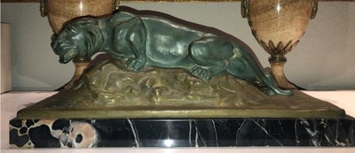 FAVEDE R. Large (52cm) Panther in Green Regula on Marble Base Signed