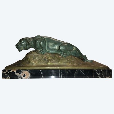 FAVEDE R. Large (52cm) Panther in Green Regula on Marble Base Signed