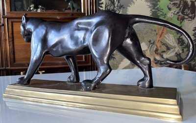 Dans Le Style De Barye Grand Tigre En Marche, Bronze A Double Patine L43cm