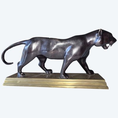 Dans Le Style De Barye Grand Tigre En Marche, Bronze A Double Patine L43cm