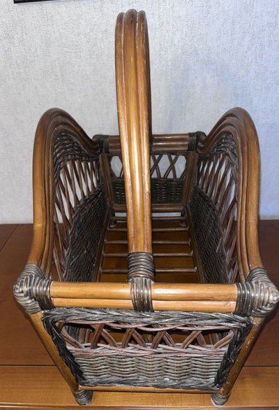 Ancienne Paire De Fauteuils + Porte Revues En Rotin Et Bambou Polychrome