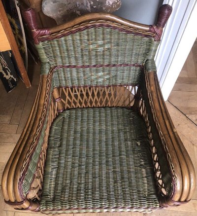 Ancienne Paire De Fauteuils + Porte Revues En Rotin Et Bambou Polychrome