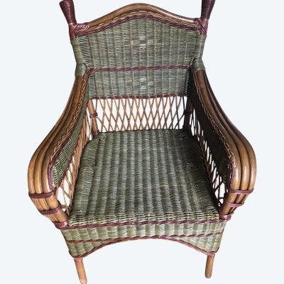 Ancienne Paire De Fauteuils + Porte Revues En Rotin Et Bambou Polychrome