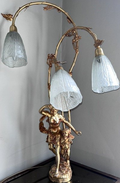 FERVILLE SUAN (1847-1925) 3-Light Gilded Metal Bronze Lamp Signed H80cm