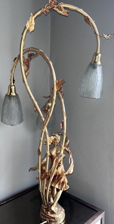 FERVILLE SUAN (1847-1925) 3-Light Gilded Metal Bronze Lamp Signed H80cm
