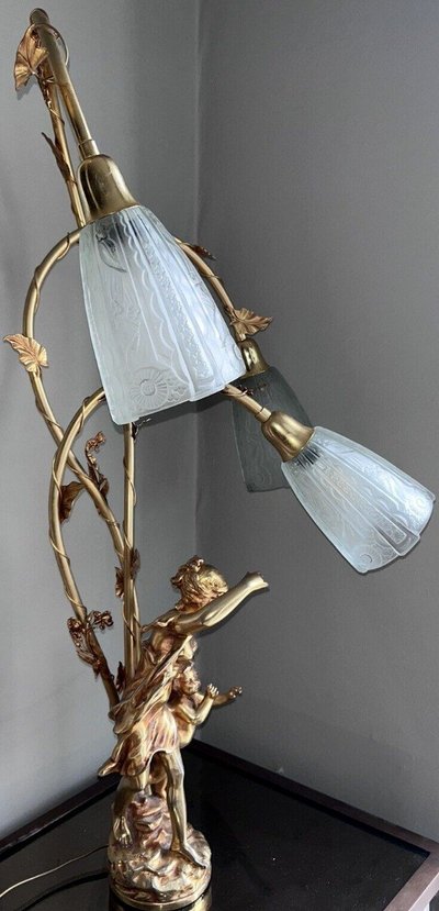 FERVILLE SUAN (1847-1925) 3-Light Gilded Metal Bronze Lamp Signed H80cm