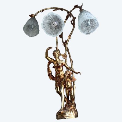 FERVILLE SUAN (1847-1925) 3-Light Gilded Metal Bronze Lamp Signed H80cm
