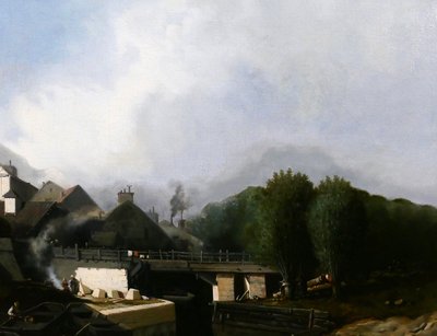J. J. BAHANS 1834-1856 Normandia, villaggio di scalpellini, paesaggio, dipinto, 1855