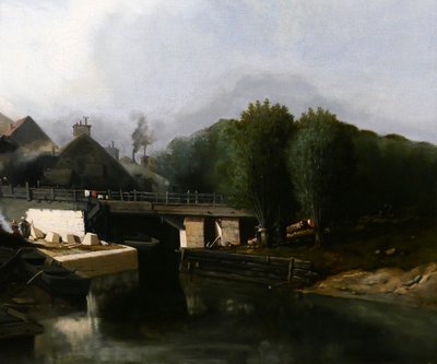 J. J. BAHANS 1834-1856 Normandia, villaggio di scalpellini, paesaggio, dipinto, 1855