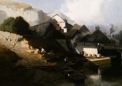 J. J. BAHANS 1834-1856 Normandia, villaggio di scalpellini, paesaggio, dipinto, 1855