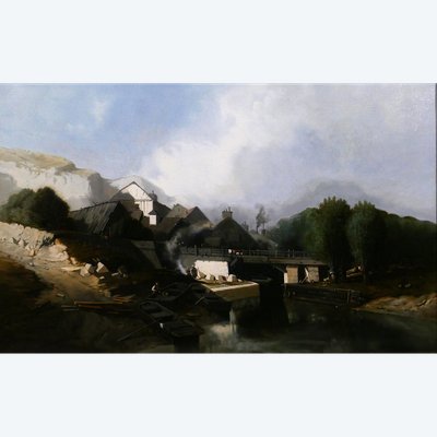 J. J. BAHANS 1834-1856 Normandia, villaggio di scalpellini, paesaggio, dipinto, 1855