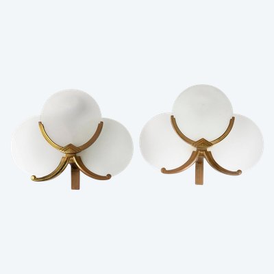 Art Deco Wall Lights In Gilded Metal And Three Glass Plates (Perzel Style)
