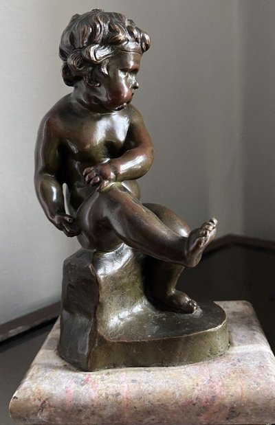 d'après Auguste DELAFONTAINE ( 1813-1892) Paire De Serre-livres Putti En Bronze Patiné