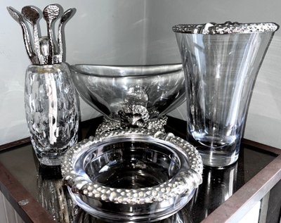 FONDICA & MATHIAS Rare Set Of Four Silvered Bronze And Crystal Pieces