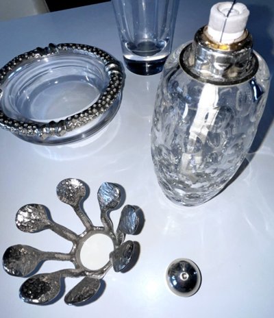 FONDICA & MATHIAS Rare Set Of Four Silvered Bronze And Crystal Pieces