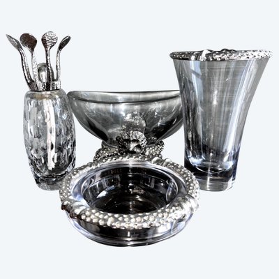 FONDICA & MATHIAS Rare Set Of Four Silvered Bronze And Crystal Pieces