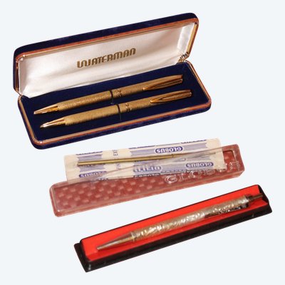 Waterman gold-plated ballpoint pens in box and Globus Judaica silver pen, 20th c.