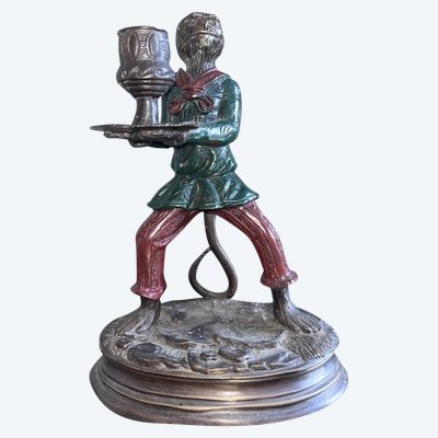 FRATIN Christophe (1801-1864).  Candlestick In Polychrome Bronze Representing A Monkey Signed