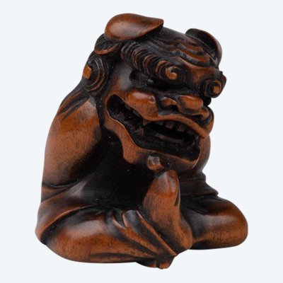 Netsuke En Bois Sculpté Par Sukeyuki - Danseur De Shishimaï. Japon Edo